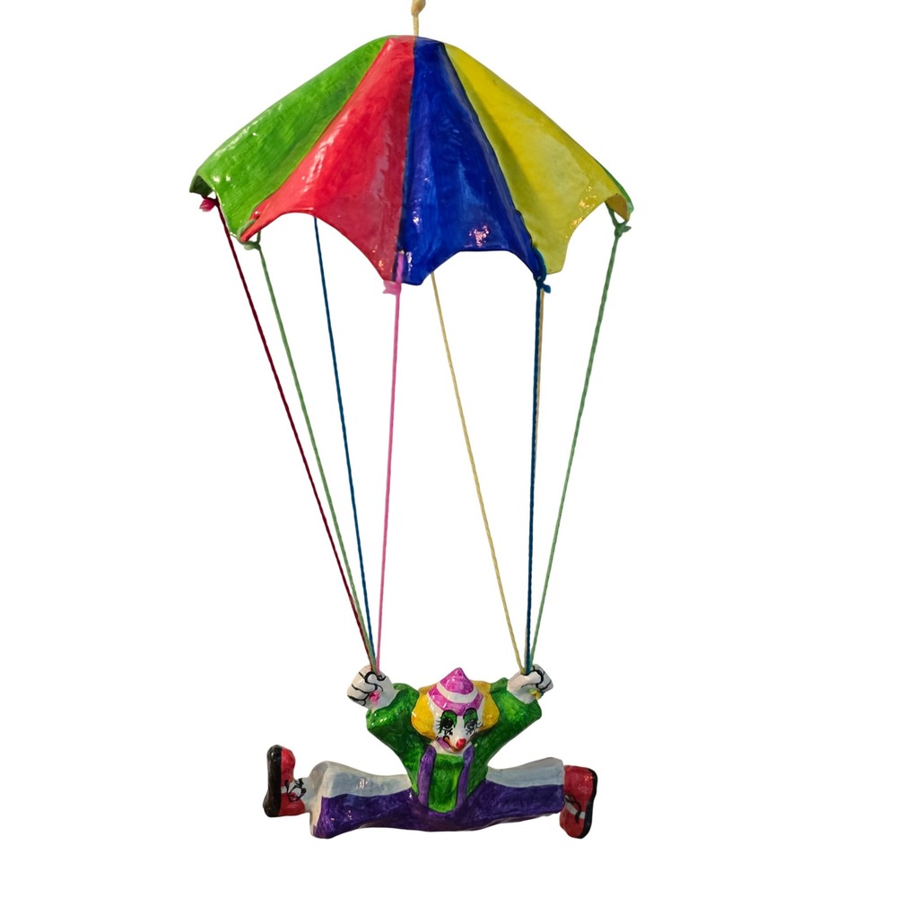 Vintage Style Paper Mache Hanging Clown Parachute Mobile Multi Color Folk Art